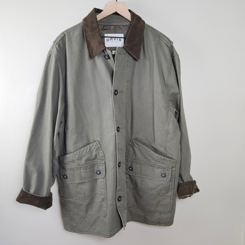 Orvis Canvas Chore Coat Barn Jacket Mens Sz XL Olive Army Green Utility Corduroy